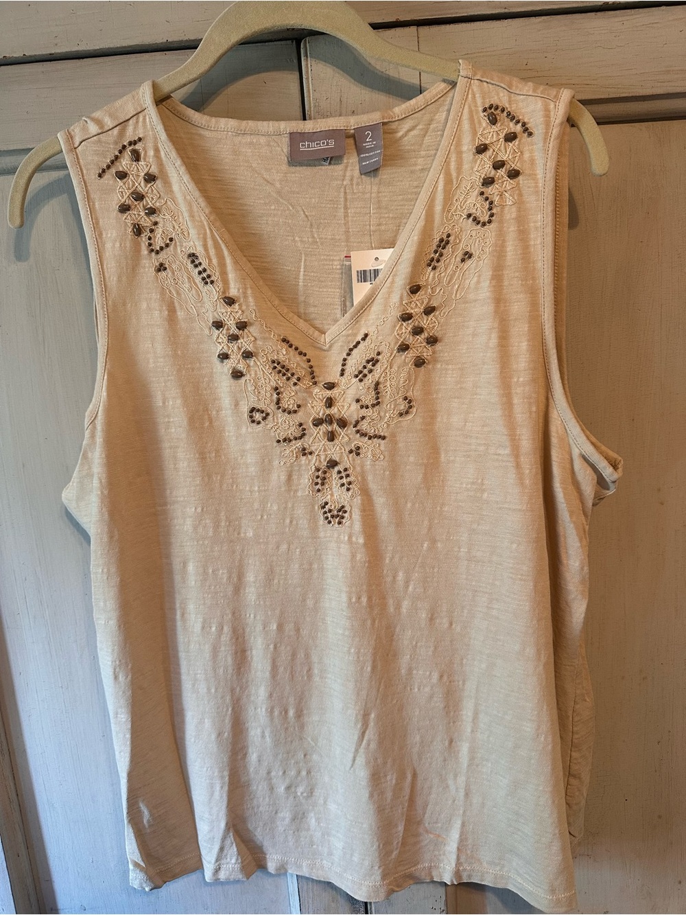 Chico's Cream Embellished V-Neck Sleeveless Tank
